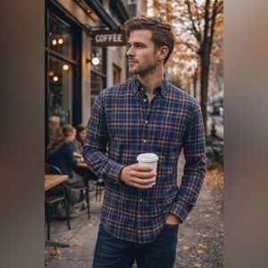 Stenströms Fitted Body Plaid Button Down Shirt M Blue Brown Twofold Super Cotton